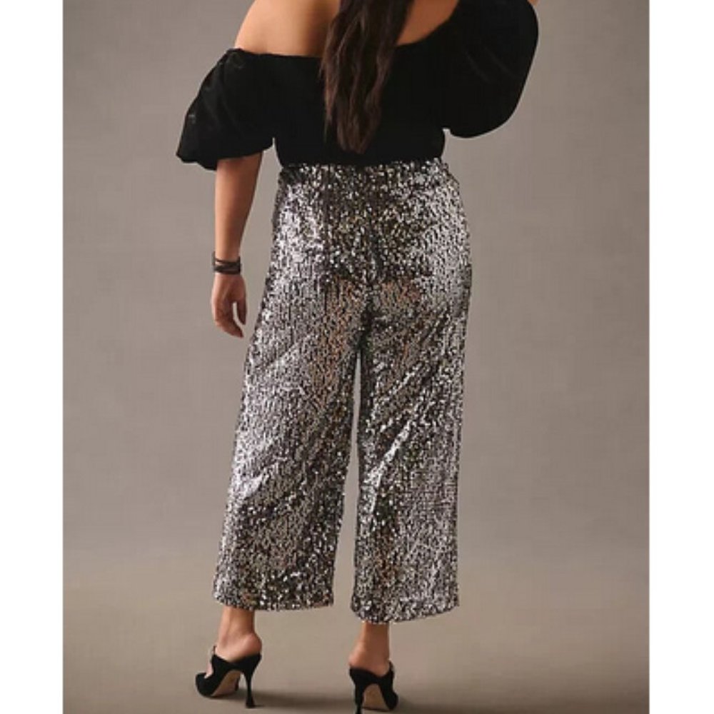 Anthropologie Silver Sequin Wide-Leg Pants - Picture 3 of 9